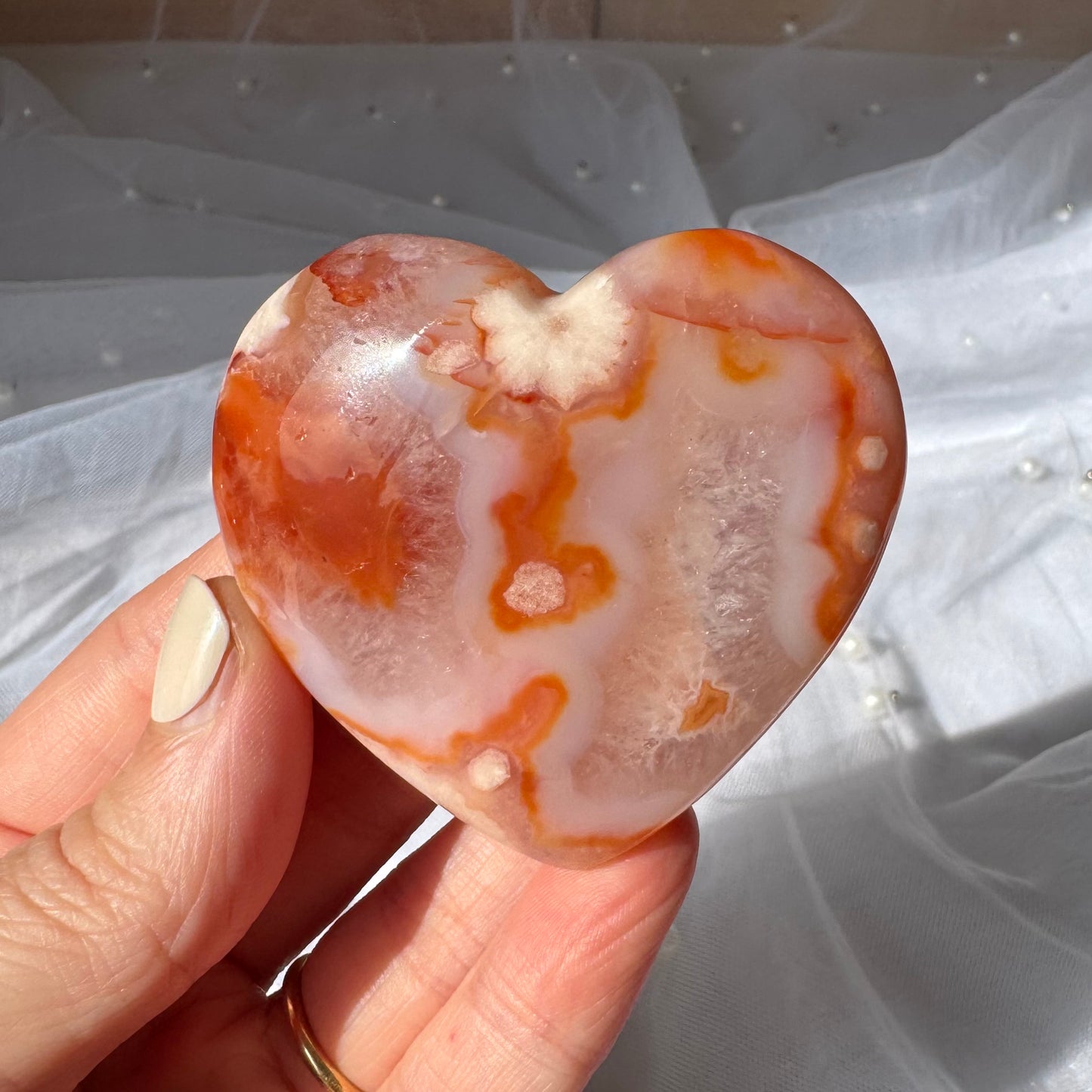 Carnelian and Flower Agate Heart Carving