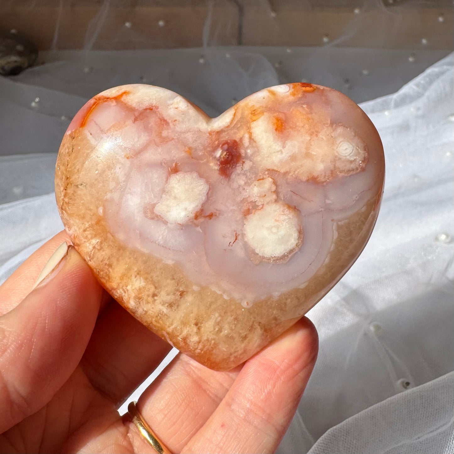 Carnelian and Flower Agate Heart Carving