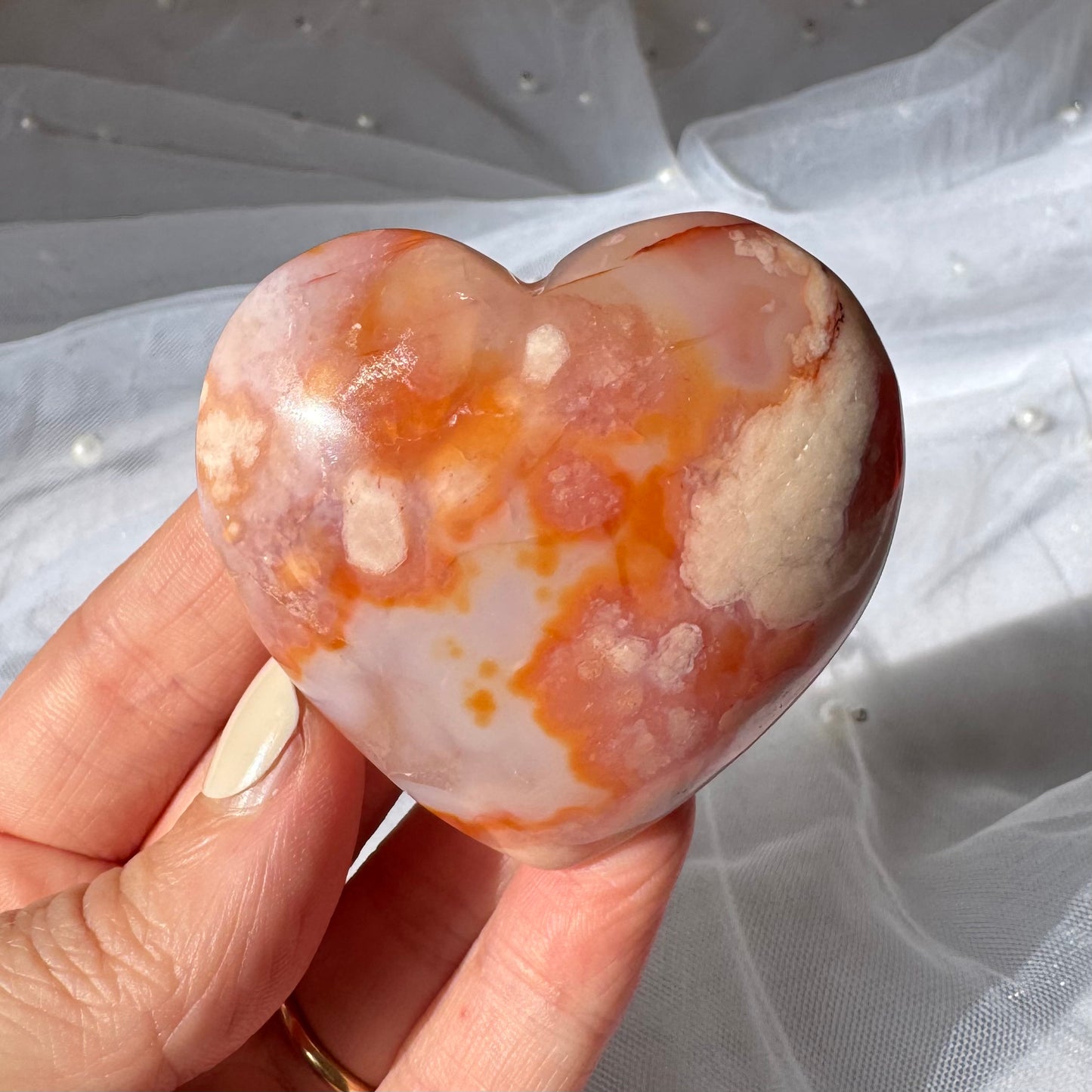 Carnelian and Flower Agate Heart Carving