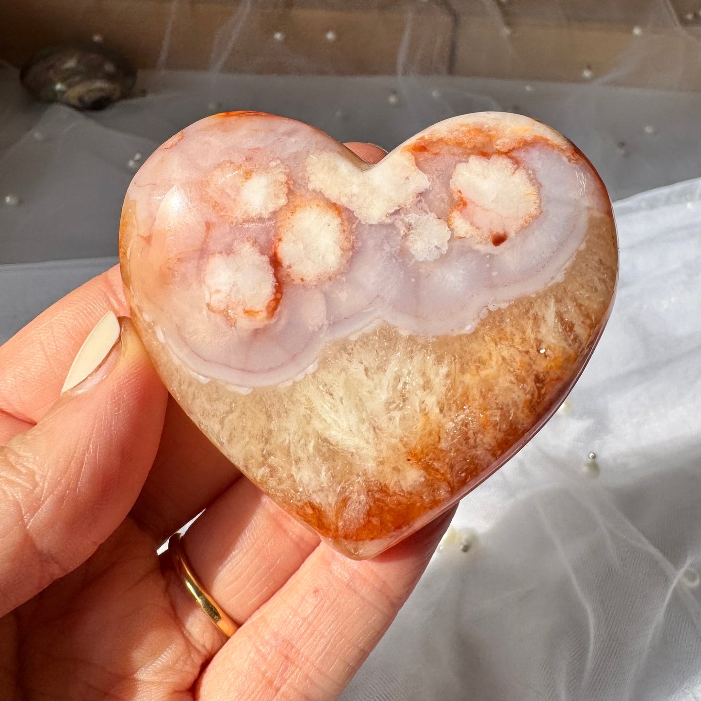 Carnelian and Flower Agate Heart Carving