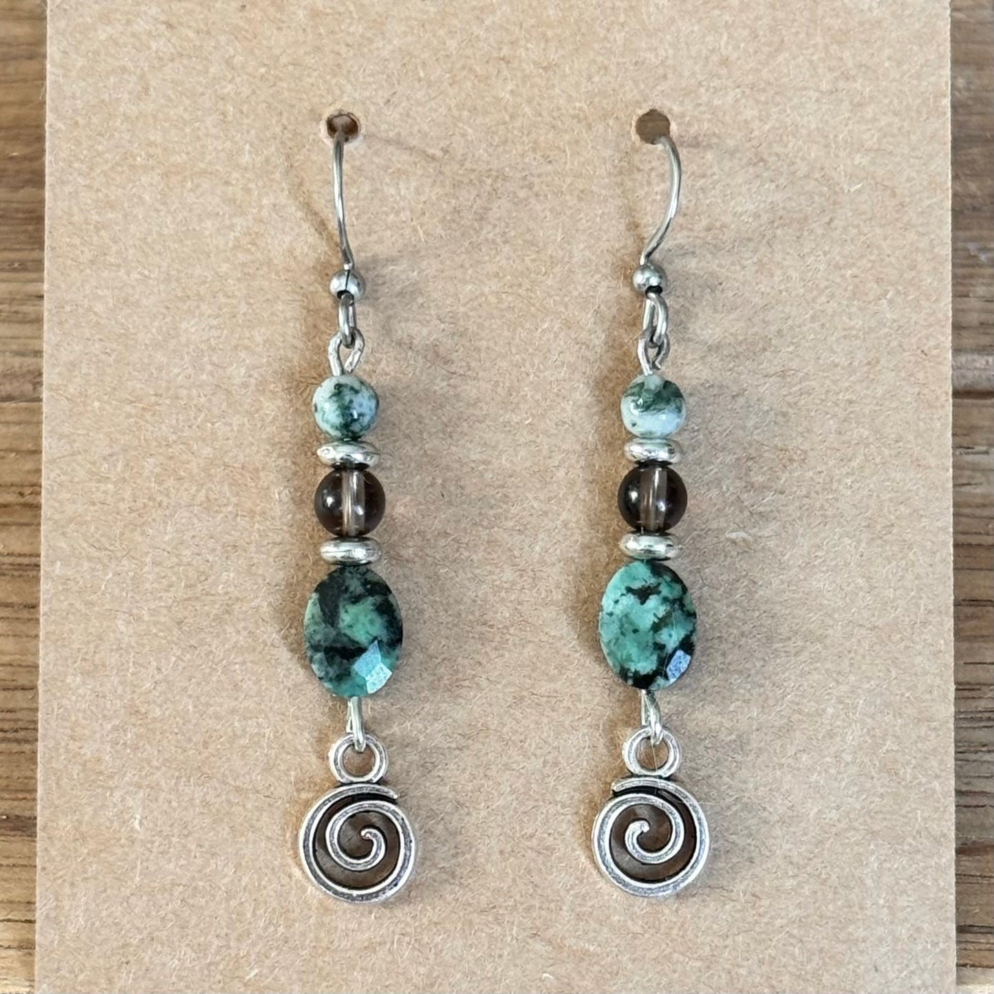 Moss Agate, Smokey Quartz and Turquoise Swirl Earrings
