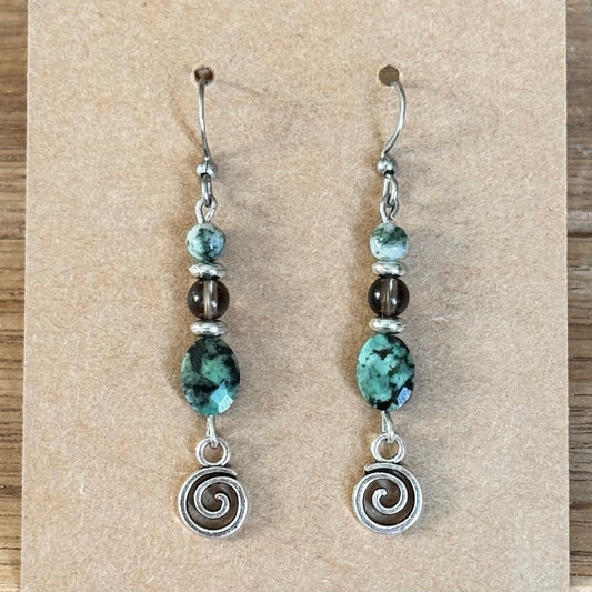 Moss Agate, Smokey Quartz and Turquoise Swirl Earrings