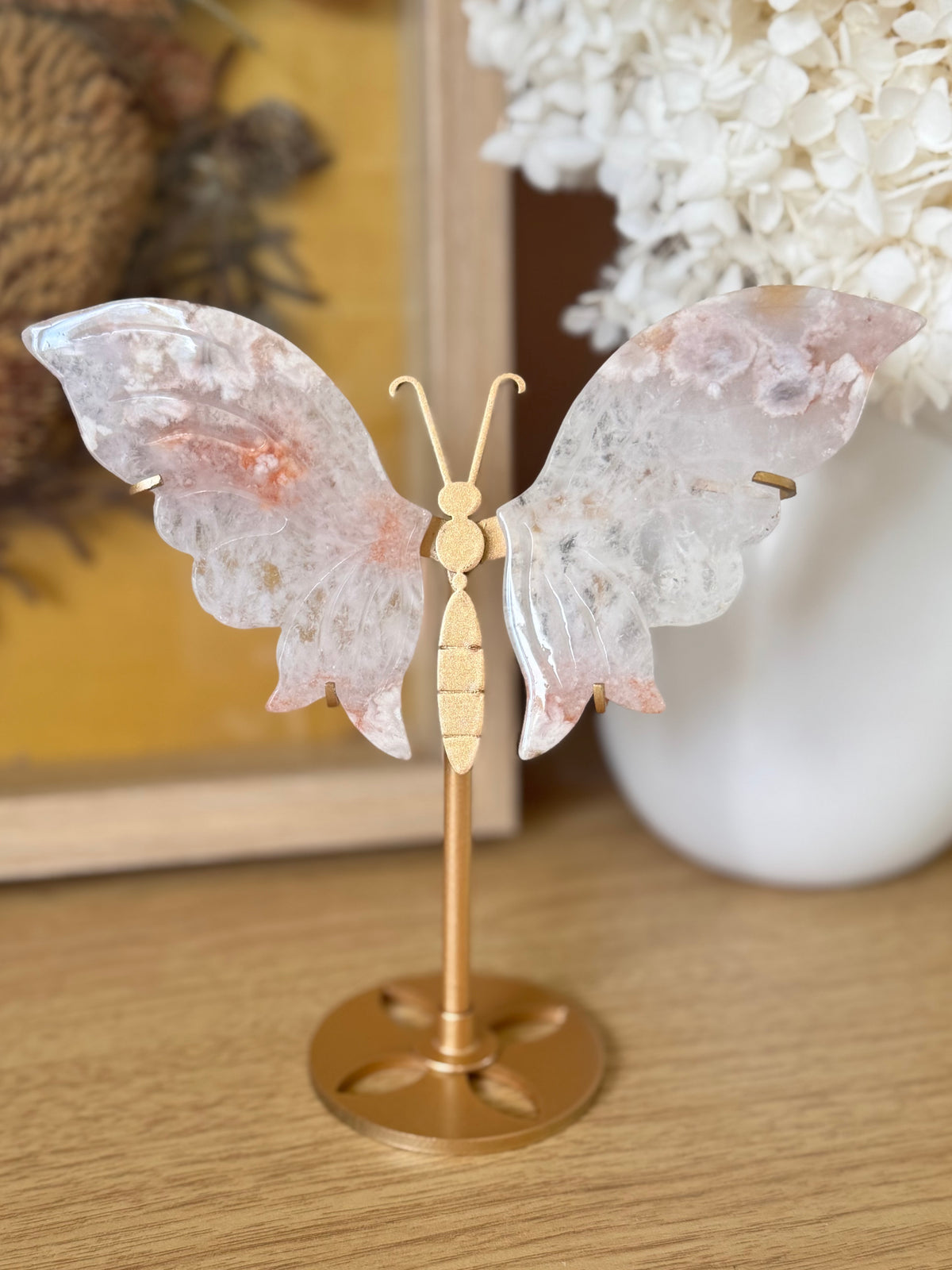 Pink Amethyst and Flower Agate Butterfly on Stand