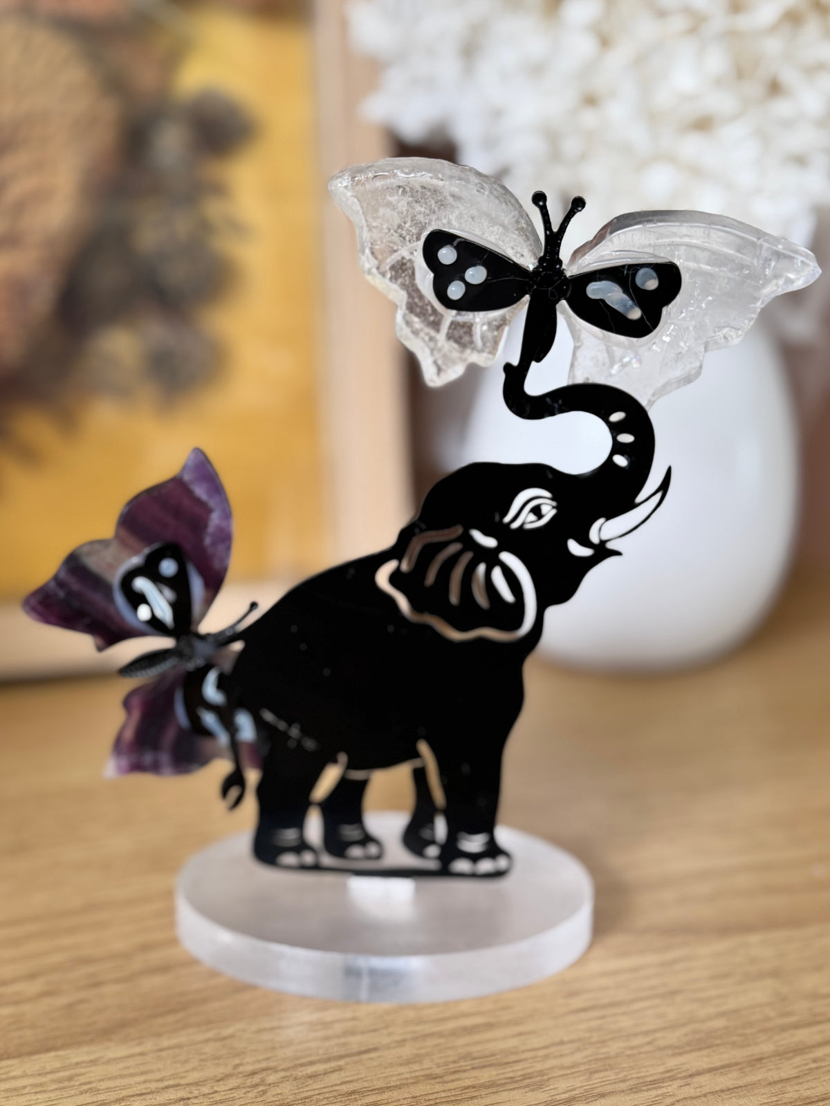 Clear Quartz and Fluorite Butterflies with Elephant Carving