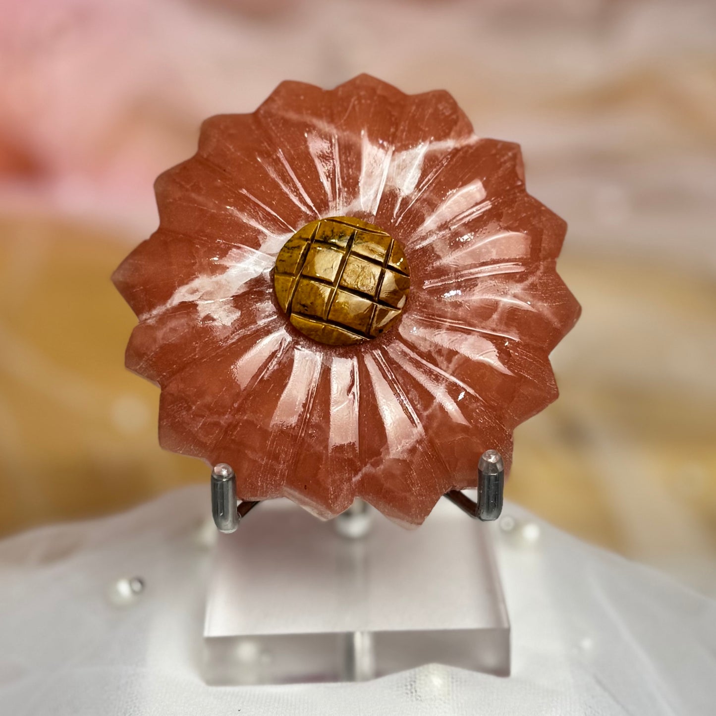 Rose Calcite and Tigers Eye Sunflower Carving