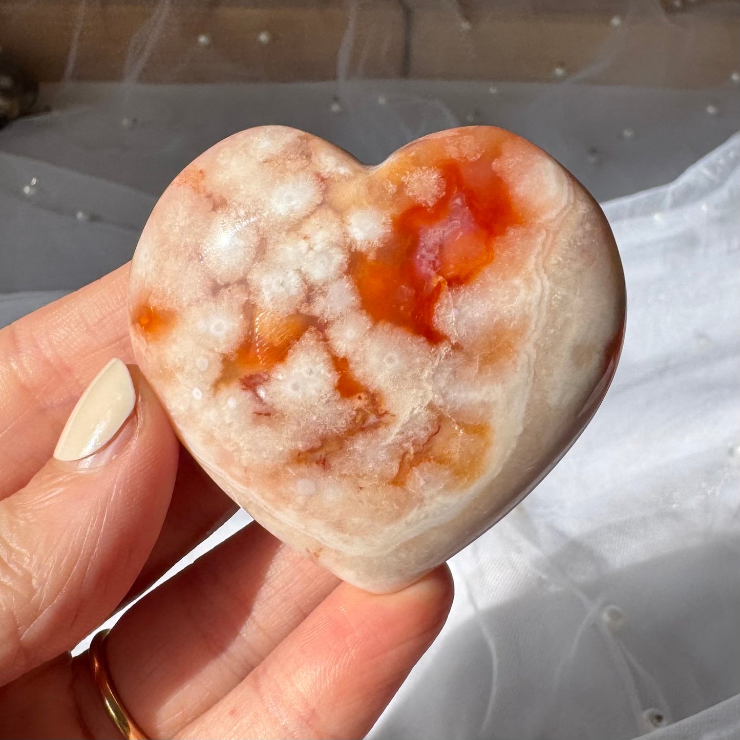 Carnelian and Flower Agate Heart Carving