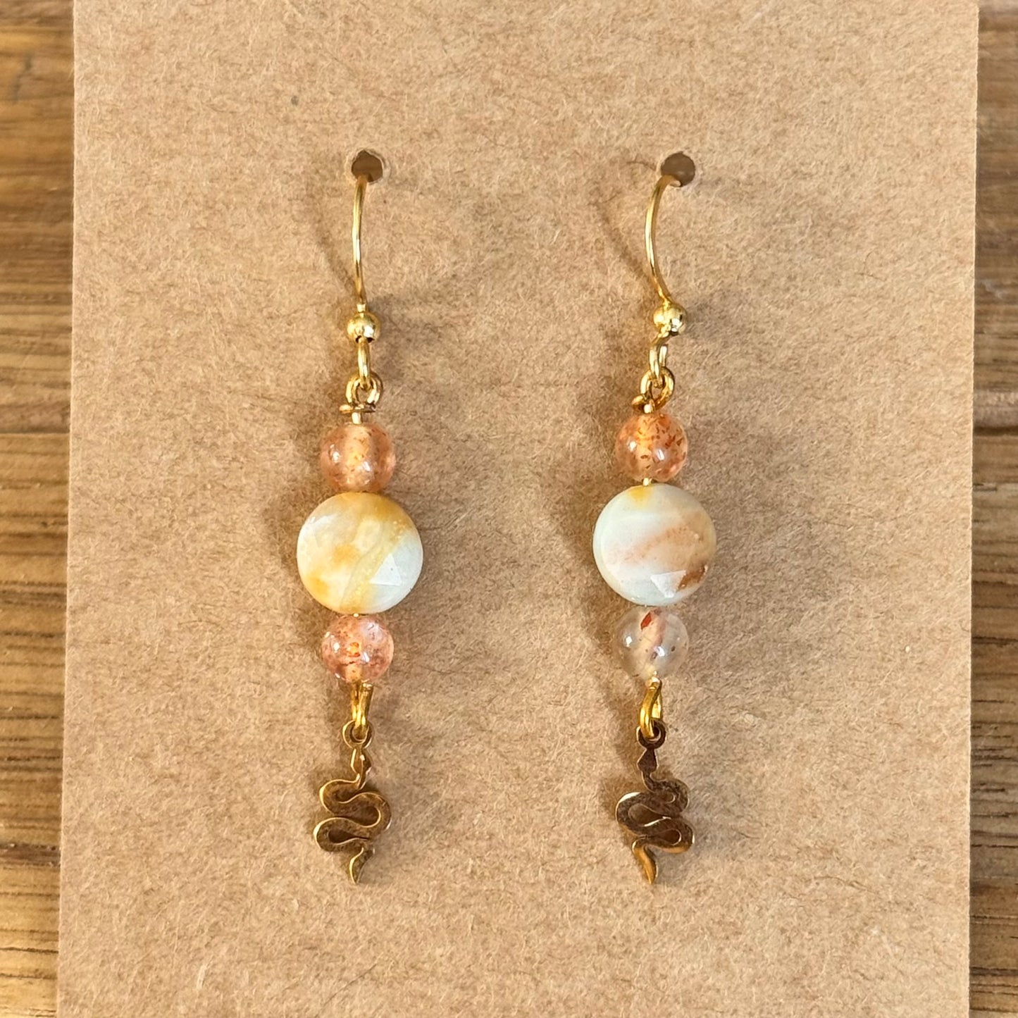 Sunstone, Aventurine and Strawberry Quartz Snake Earrings