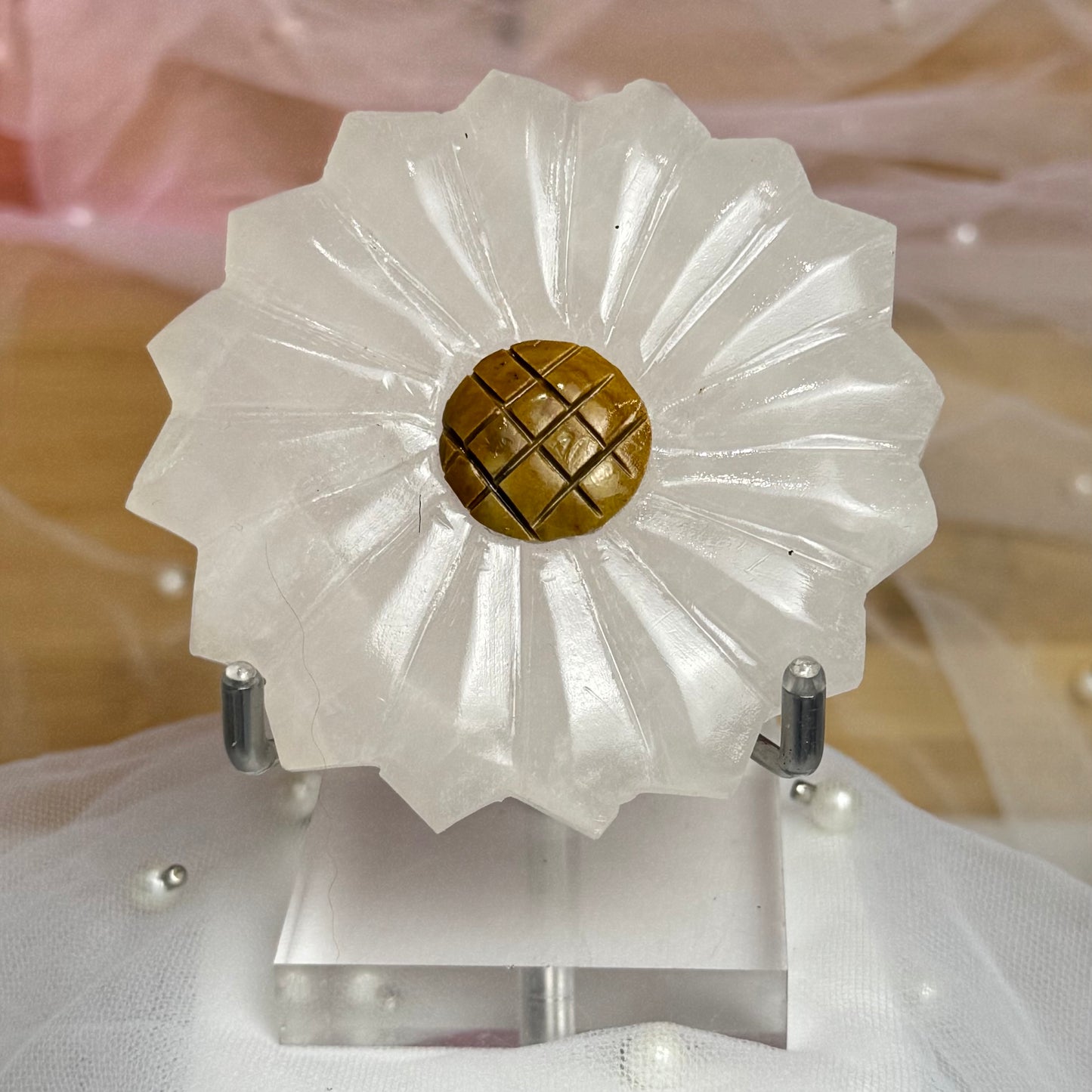 Mangano Calcite and Tigers Eye Sunflower Carving