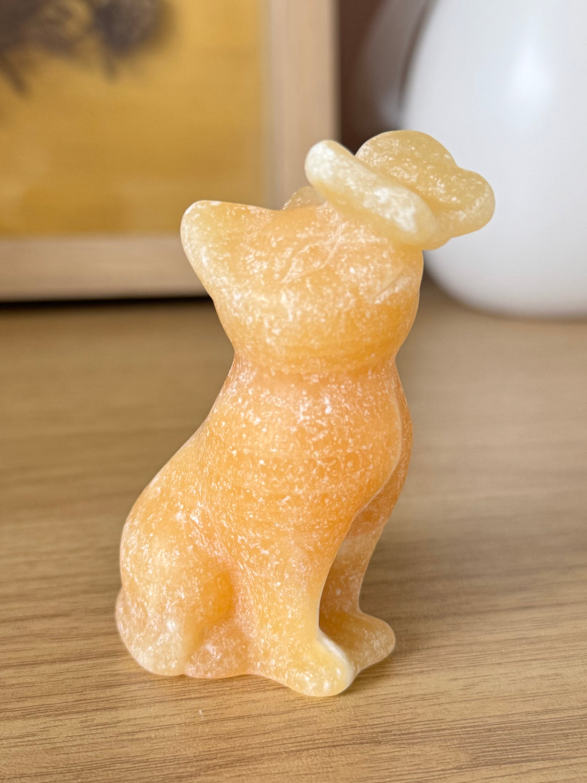 Yellow Calcite Cat with Butterfly Carving