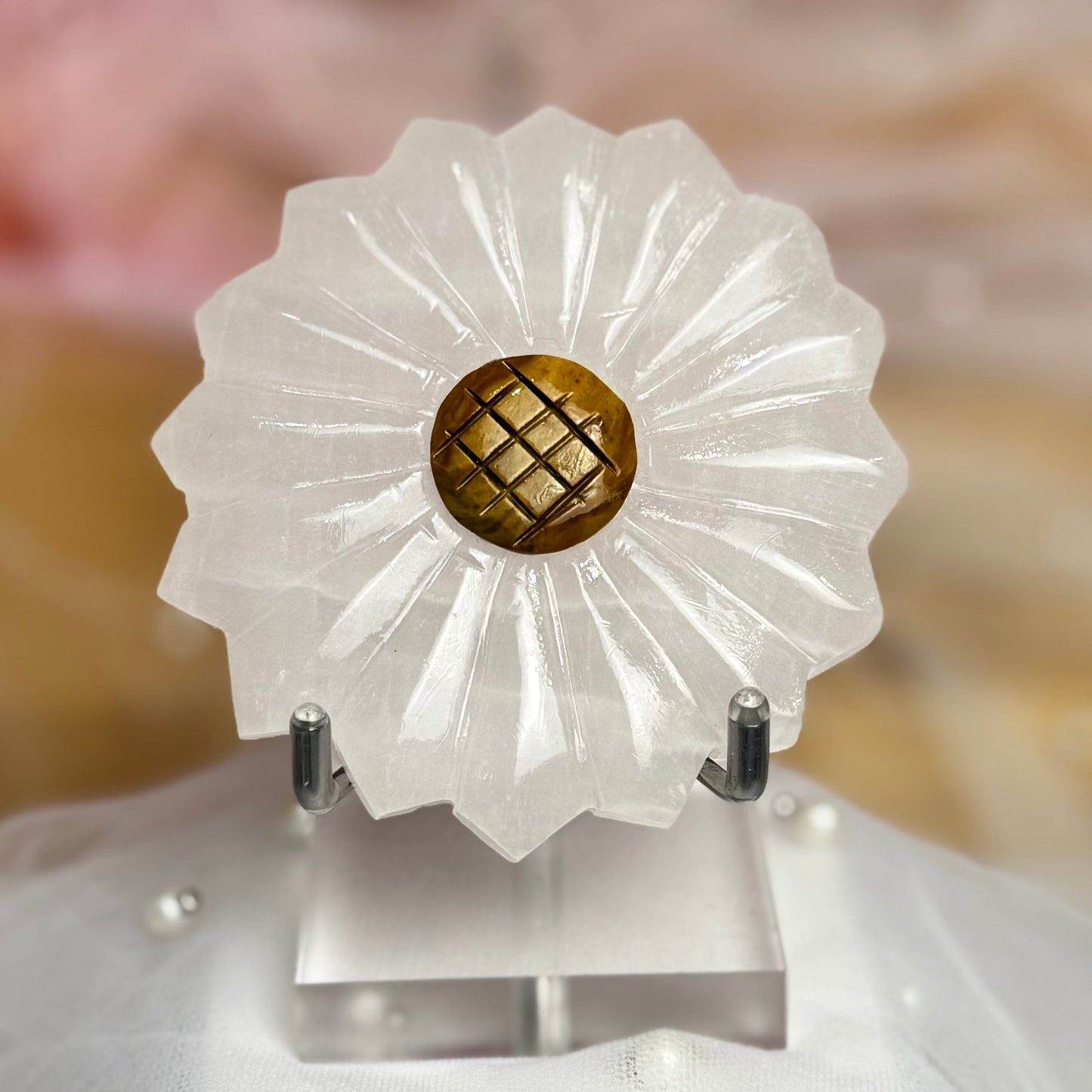 Mangano Calcite and Tigers Eye Sunflower Carving