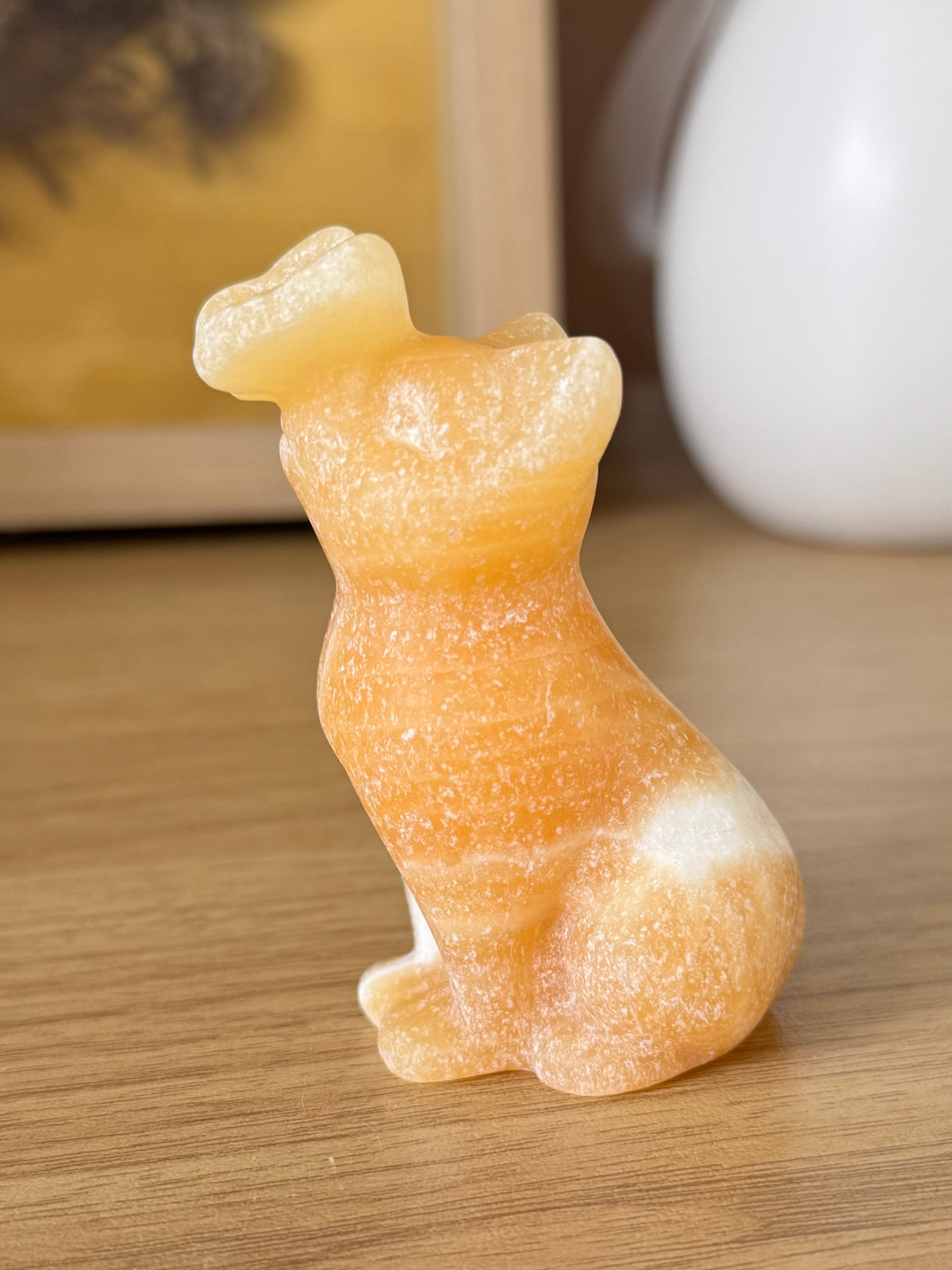 Yellow Calcite Cat with Butterfly Carving