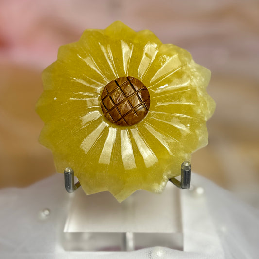 Lemon Calcite and Tigers Eye Sunflower Carving