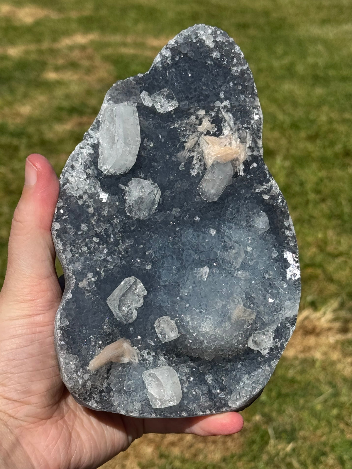 Blue Chalcedony with Apophyllite and Peach Stilbite Cluster