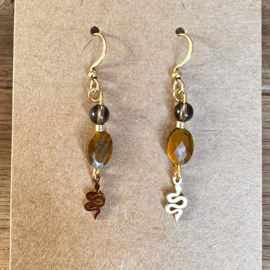 Tigers Eye and Smokey Quartz Snake Earrings