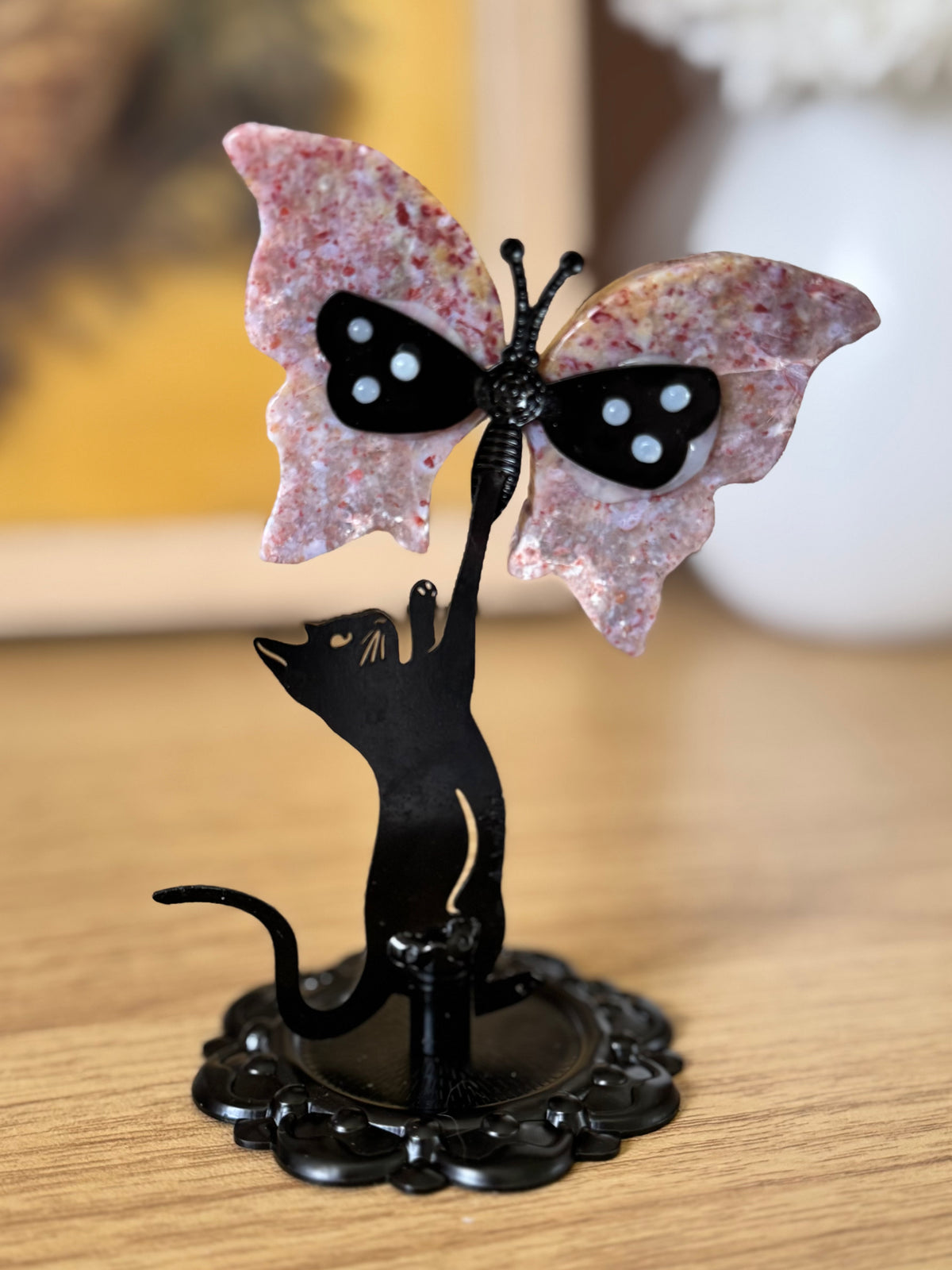 Sea Jasper Cat Chasing Butterfly Carving