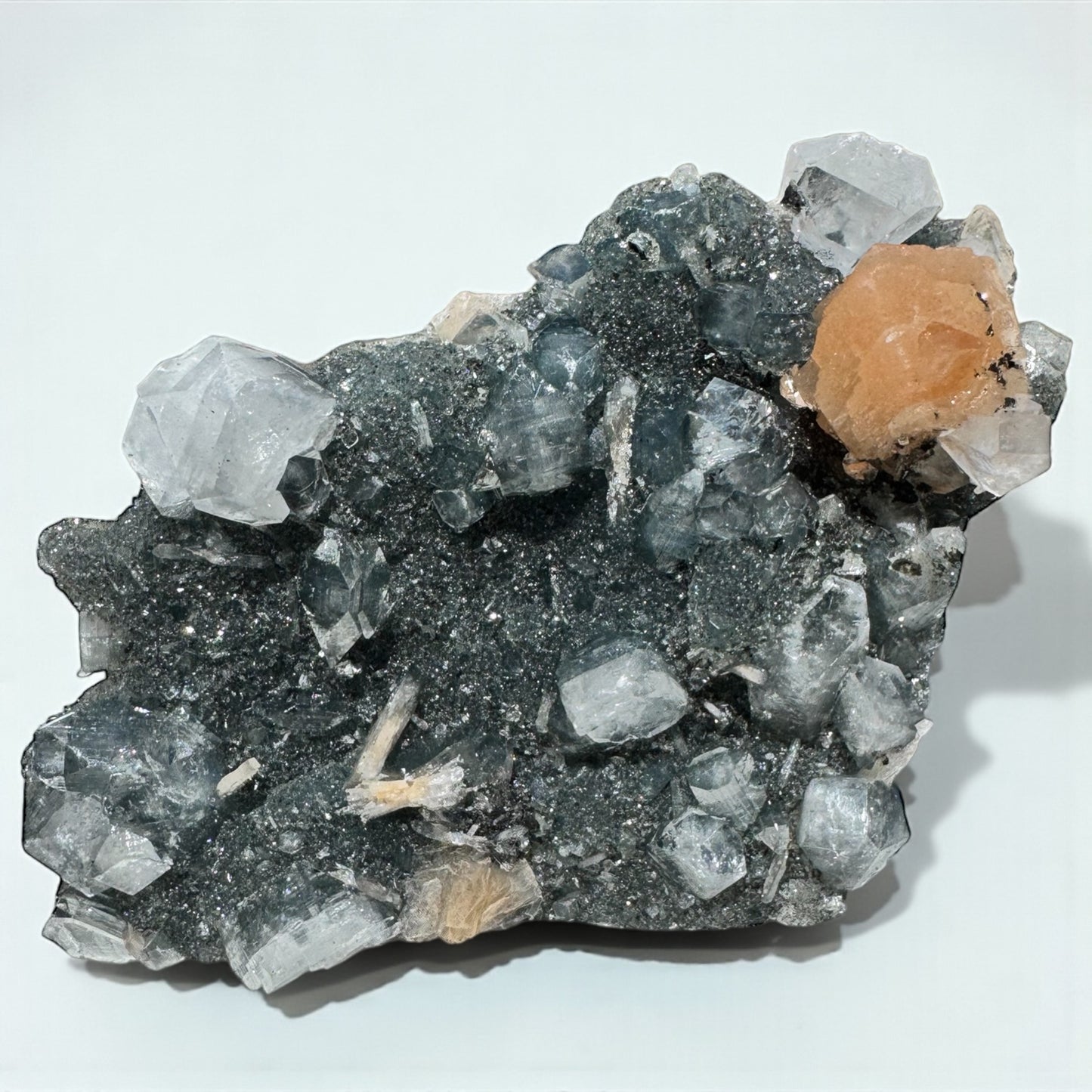 Druzy Black Chalcedony with Apophyllite and Peach Stilbite Specimen
