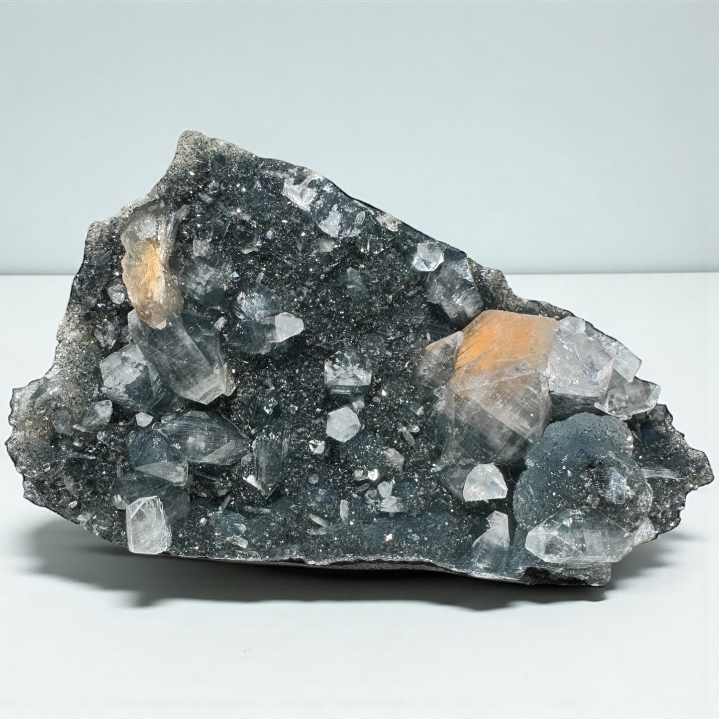 Druzy Black Chalcedony with Apophyllite and Peach Stilbite Specimen