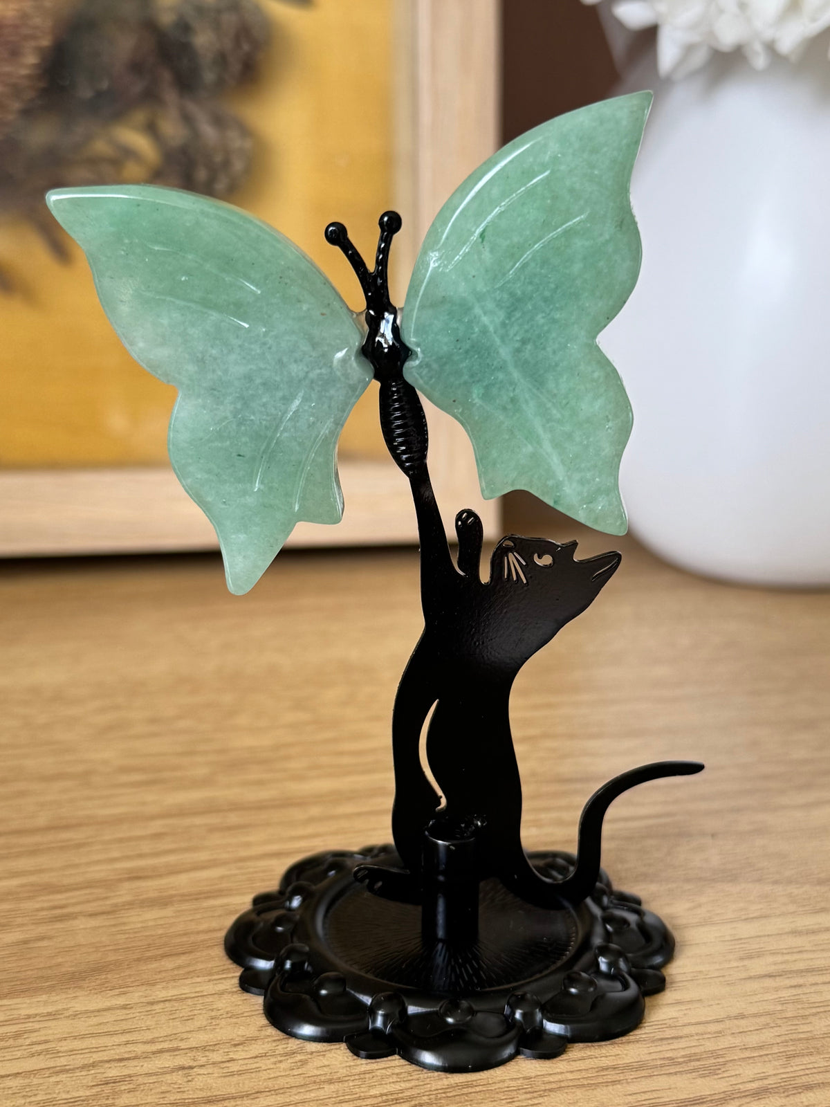 Green Aventurine Cat Chasing Butterfly Carving