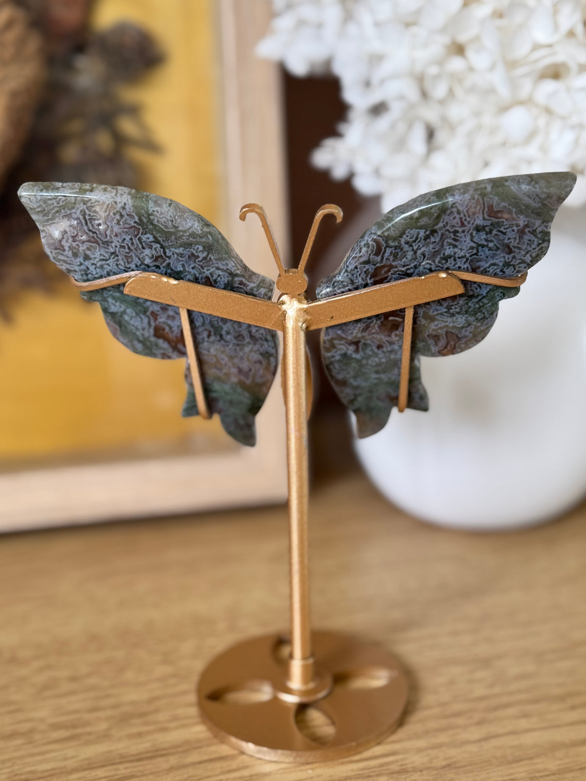 Moss Agate Butterfly on Stand