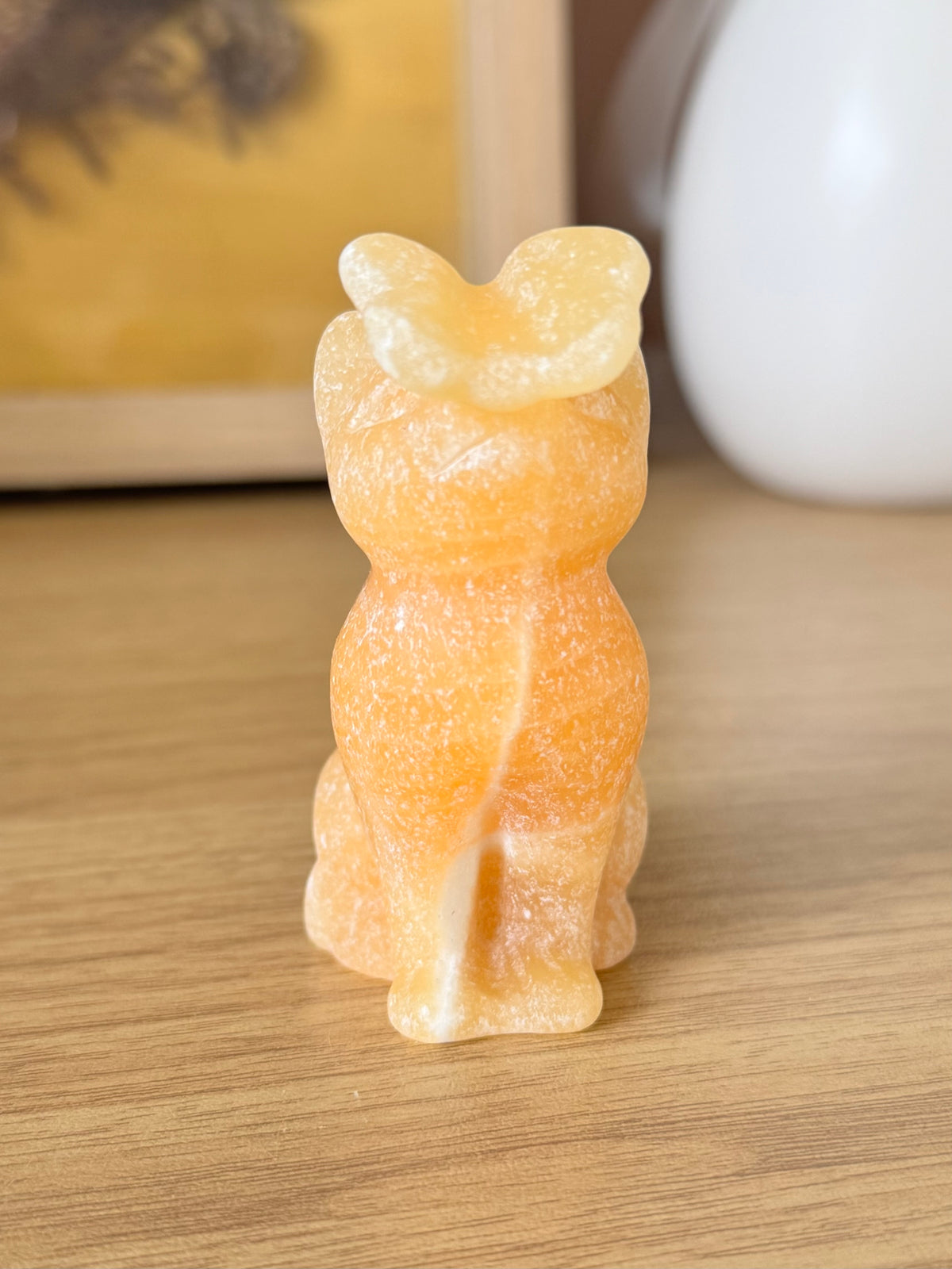 Yellow Calcite Cat with Butterfly Carving