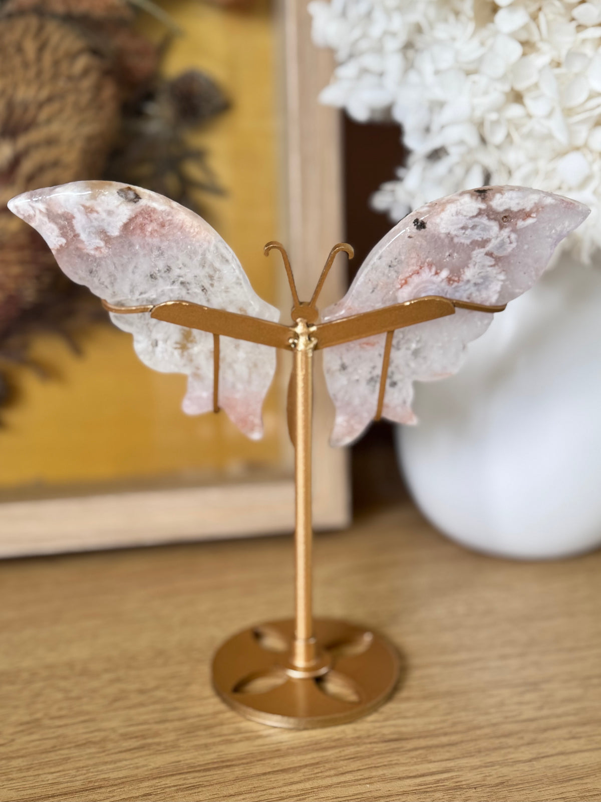 Pink Amethyst and Flower Agate Butterfly on Stand