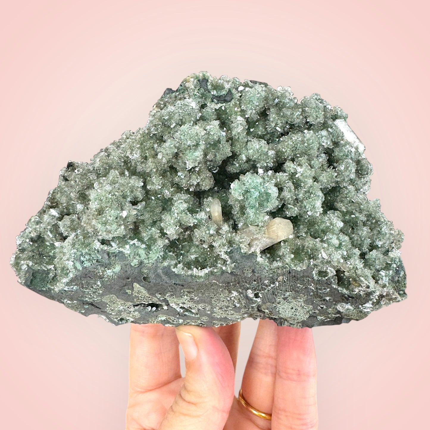 Green Chalcedony Cluster/Specimen with Peach Stilbite