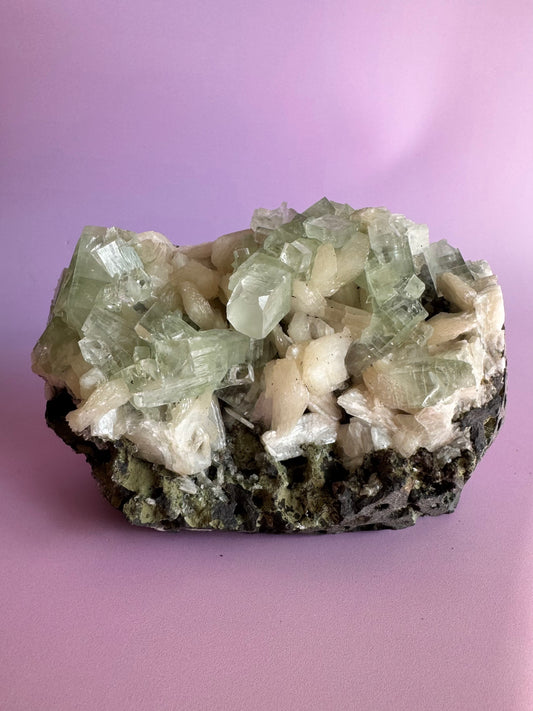 Sea Foam Green Apophyllite with Peach Silbite Standing Specimen