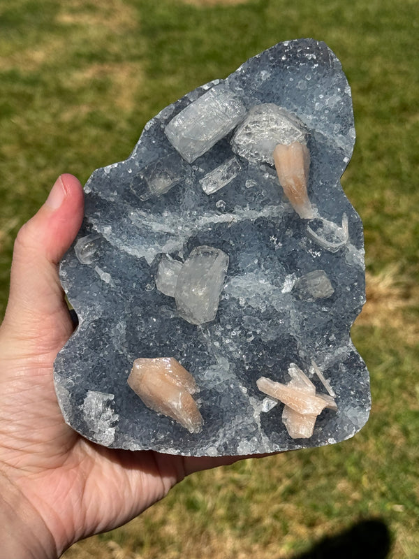 Blue Chalcedony with Apophyllite and Peach Stilbite Cluster