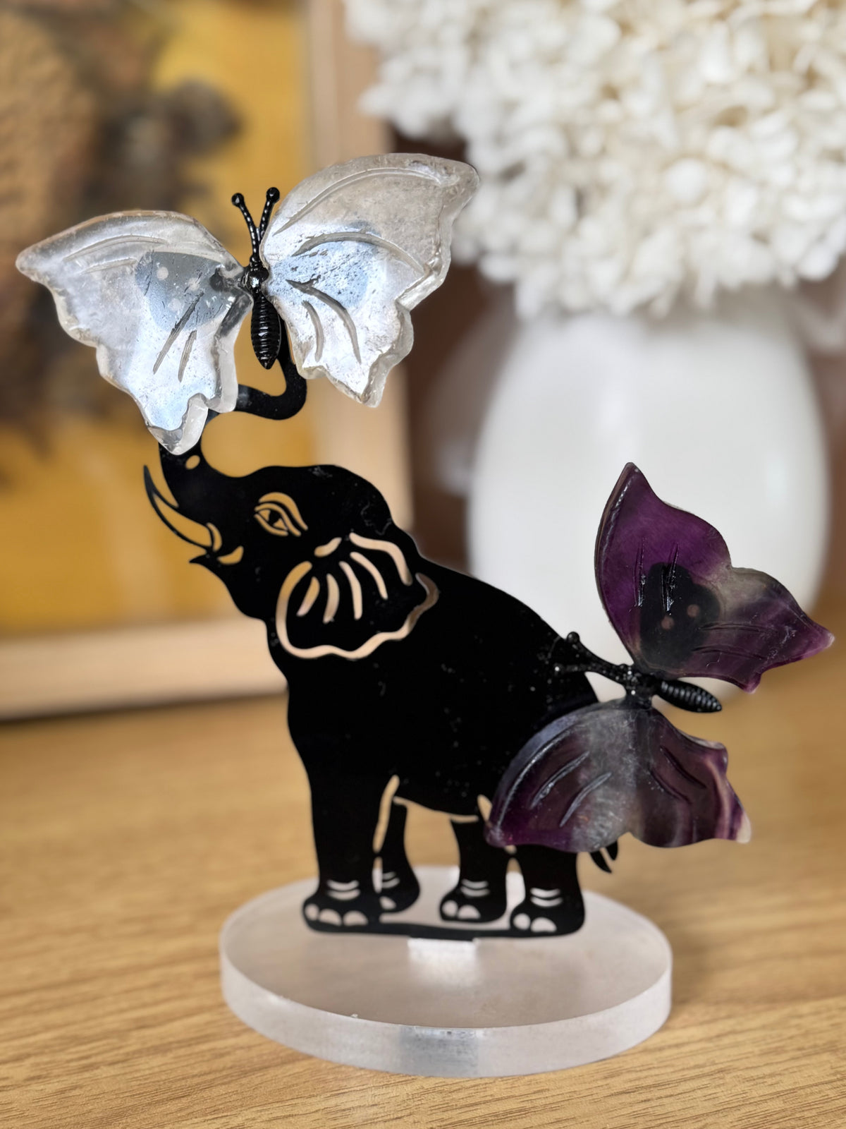 Clear Quartz and Fluorite Butterflies with Elephant Carving