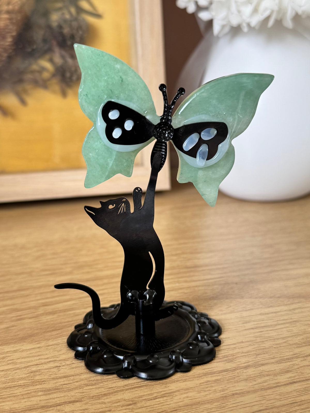 Green Aventurine Cat Chasing Butterfly Carving