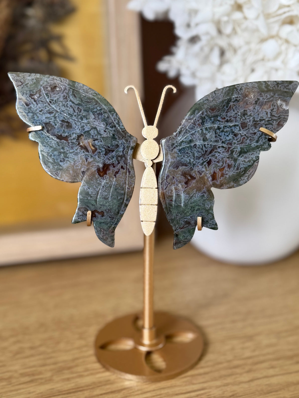 Moss Agate Butterfly on Stand