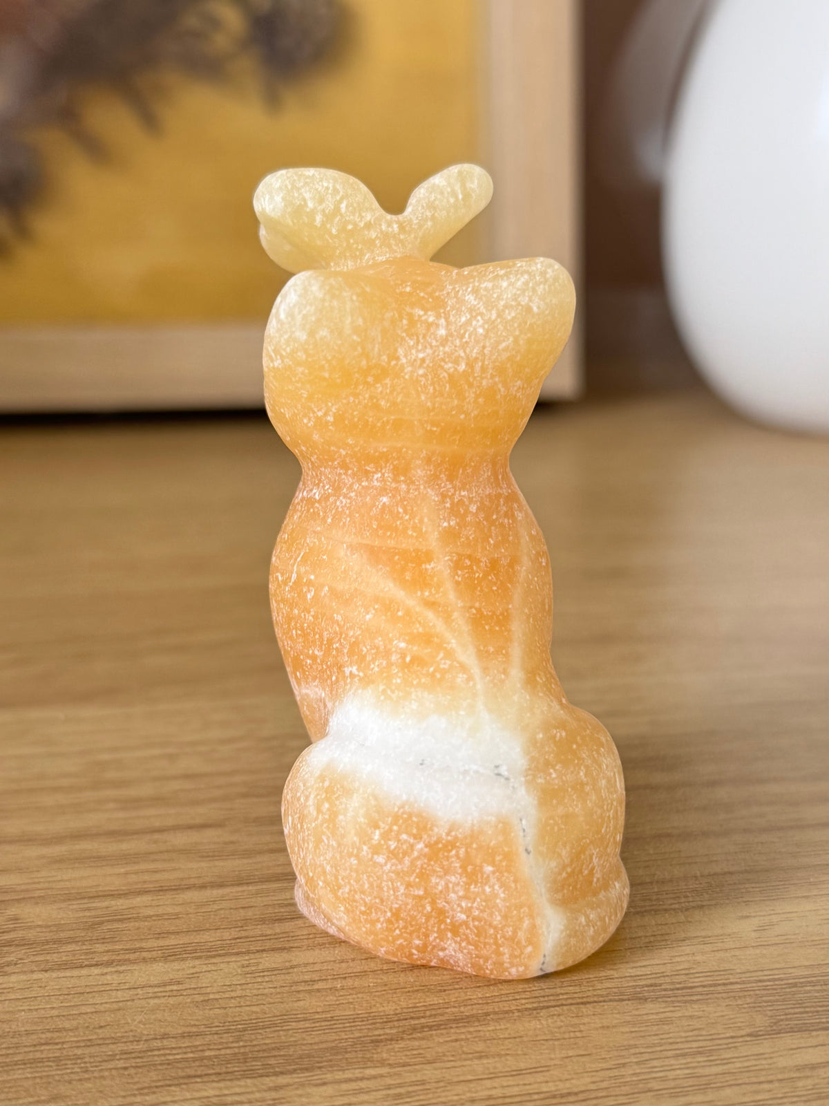 Yellow Calcite Cat with Butterfly Carving