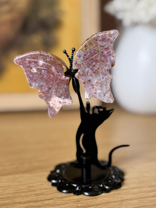 Sea Jasper Cat Chasing Butterfly Carving