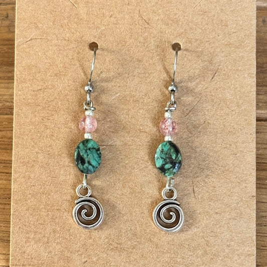 Strawberry Quartz and Turquoise Swirl Earrings