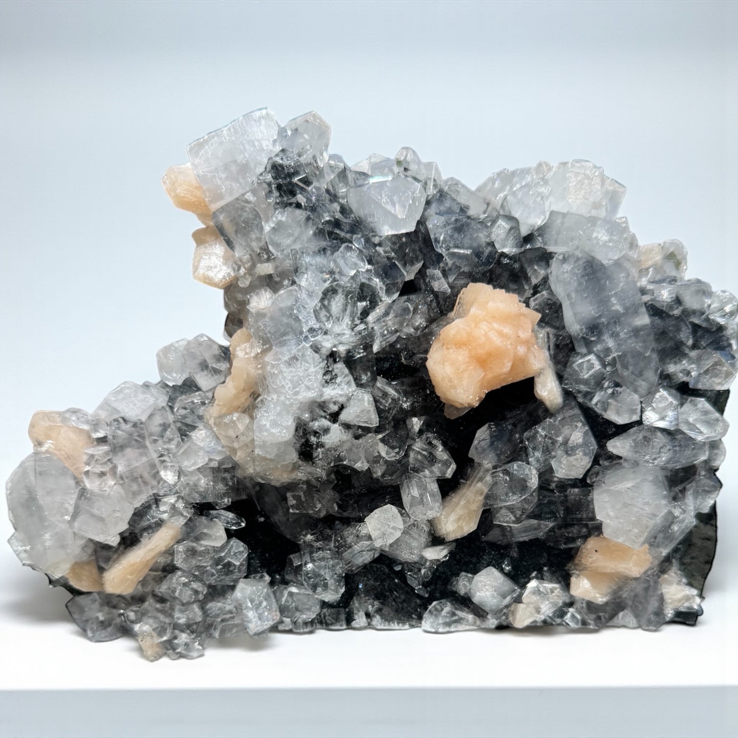 Druzy Black Chalcedony with Apophyllite and Peach Stilbite Specimen
