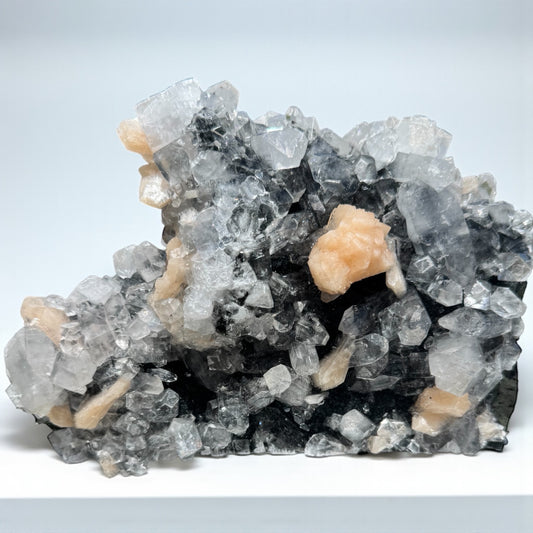 Druzy Black Chalcedony with Apophyllite and Peach Stilbite Specimen