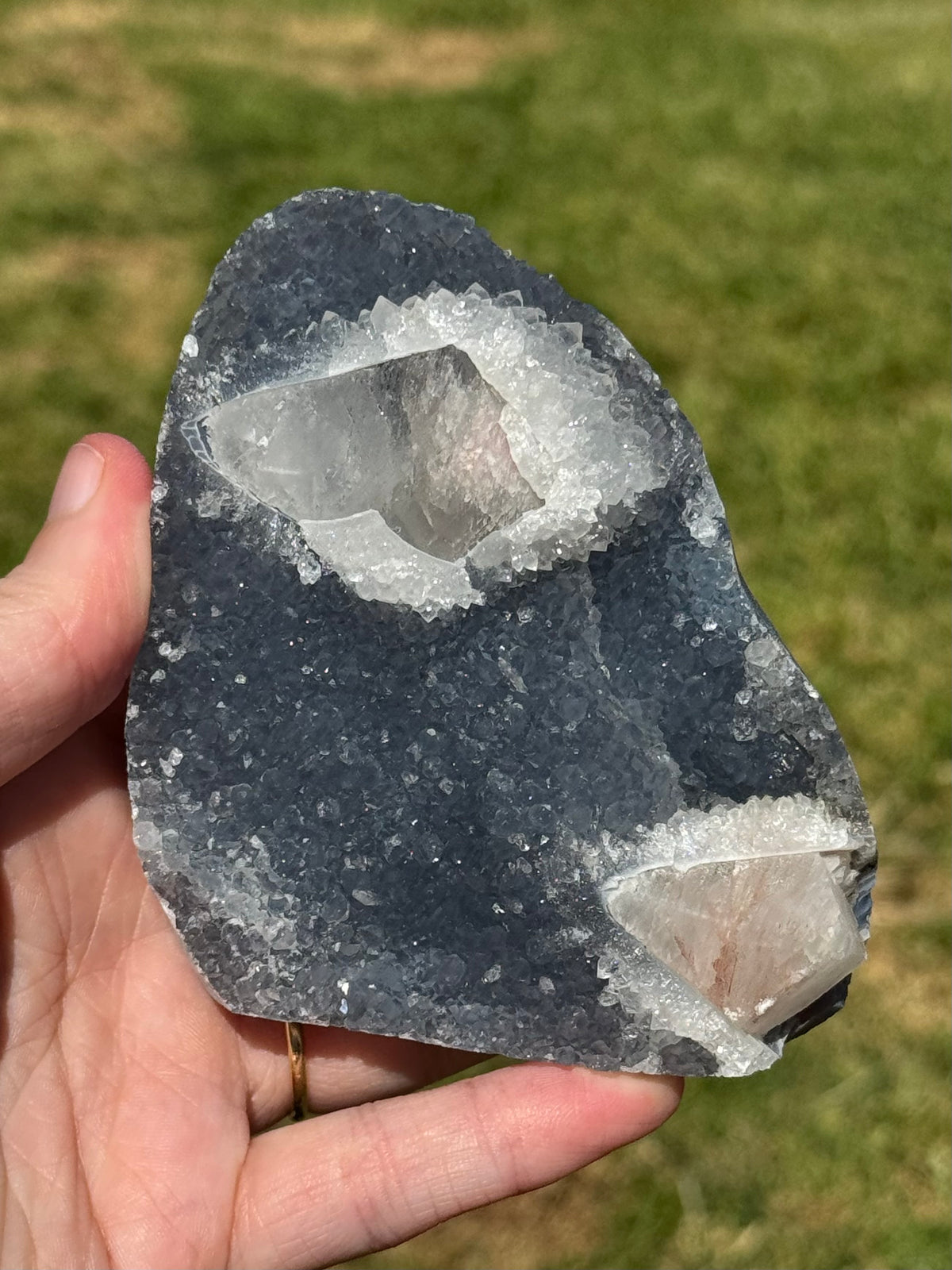 Blue Chalcedony with Apophyllite and Peach Stilbite Cluster