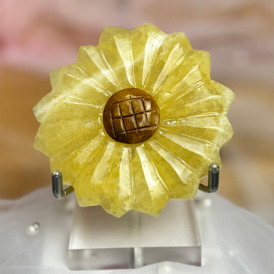 Lemon Calcite and Tigers Eye Sunflower Carving