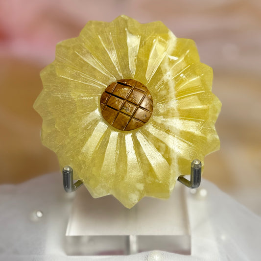 Lemon Calcite and Tigers Eye Sunflower Carving