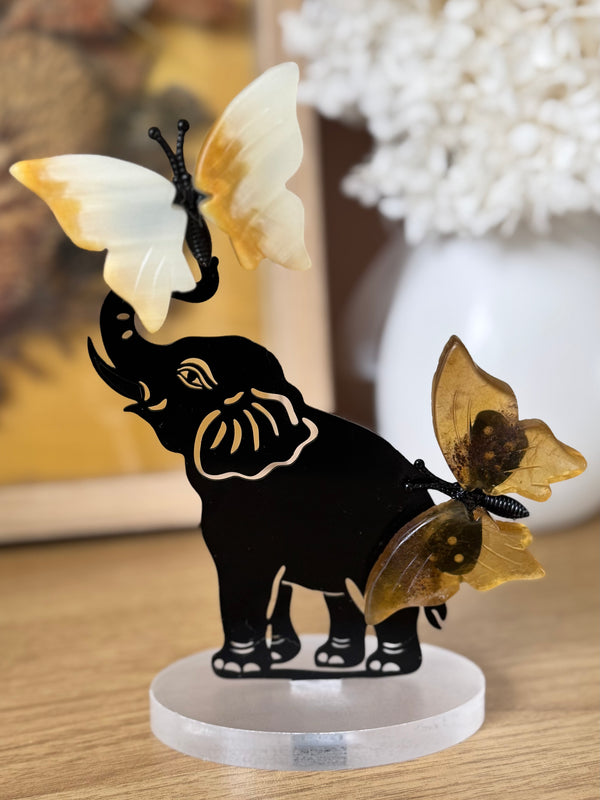 Jasper and Fluorite Butterflies with Elephant Carving
