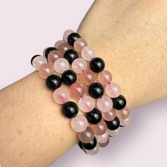 Strawberry Quartz, Rose Quartz and Obsidian Bracelets