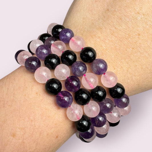 Amethyst, Rose Quartz and Obsidian Bracelets