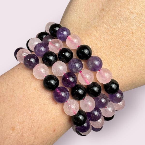 Amethyst, Rose Quartz and Obsidian Bracelets