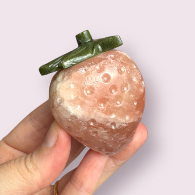 Rose Calcite and Serpentine Strawberry Carving