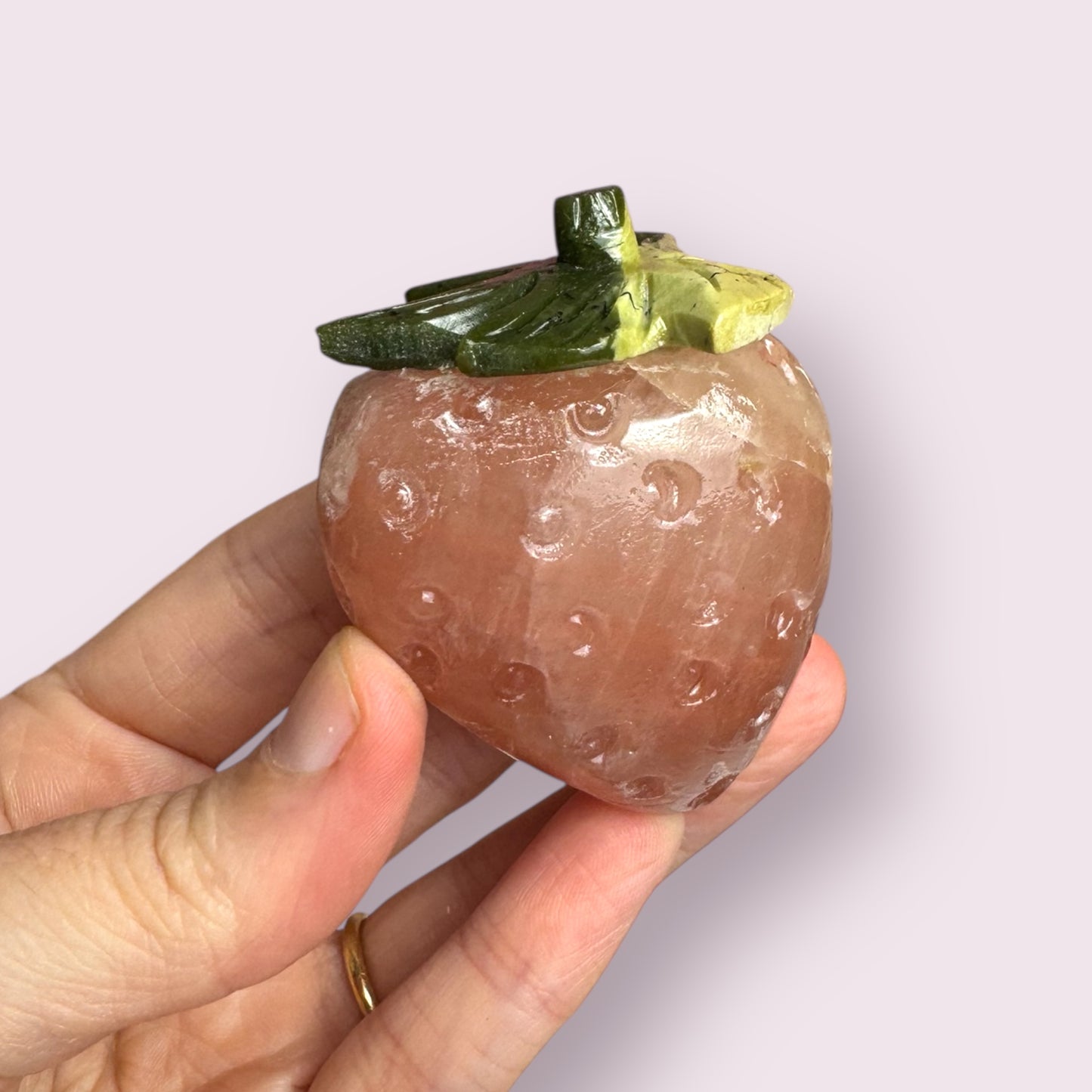 Rose Calcite and Serpentine Strawberry Carving