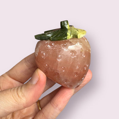Rose Calcite and Serpentine Strawberry Carving
