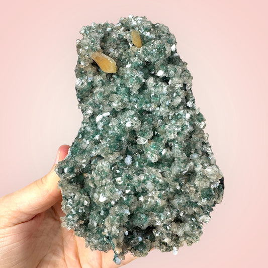 Green Chalcedony Cluster/Specimen with Peach Stilbite
